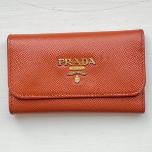 Prada Saffiano Leather Card Holder & Key Ring Orange Papaya